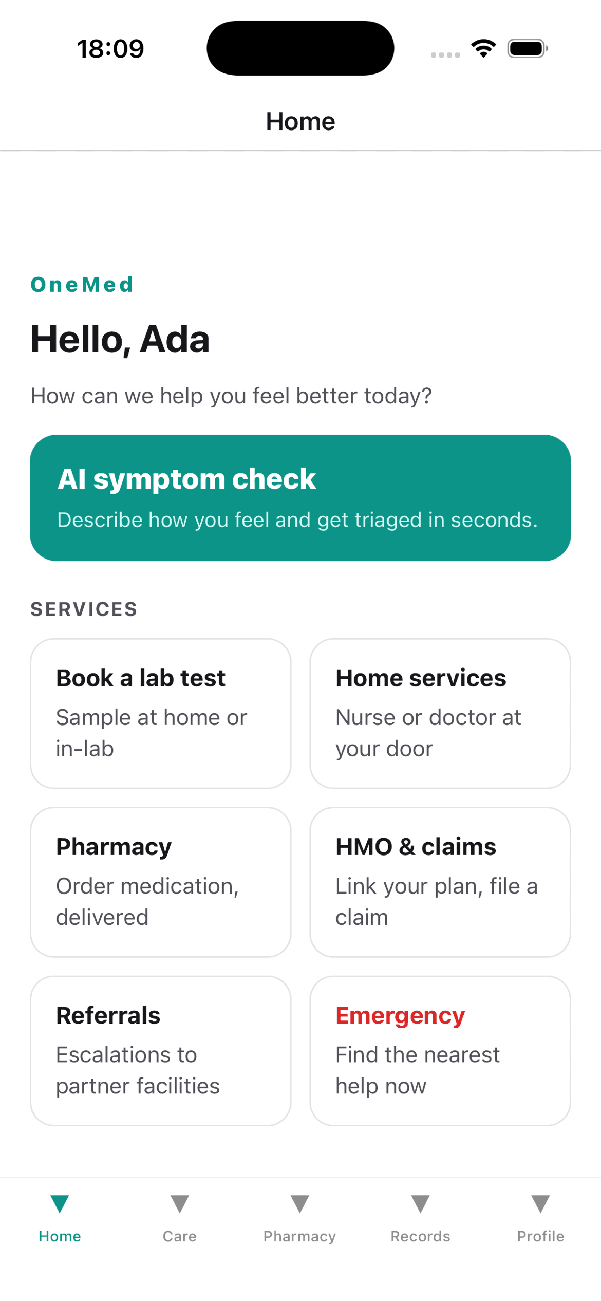 GoDoctor app — Home screen